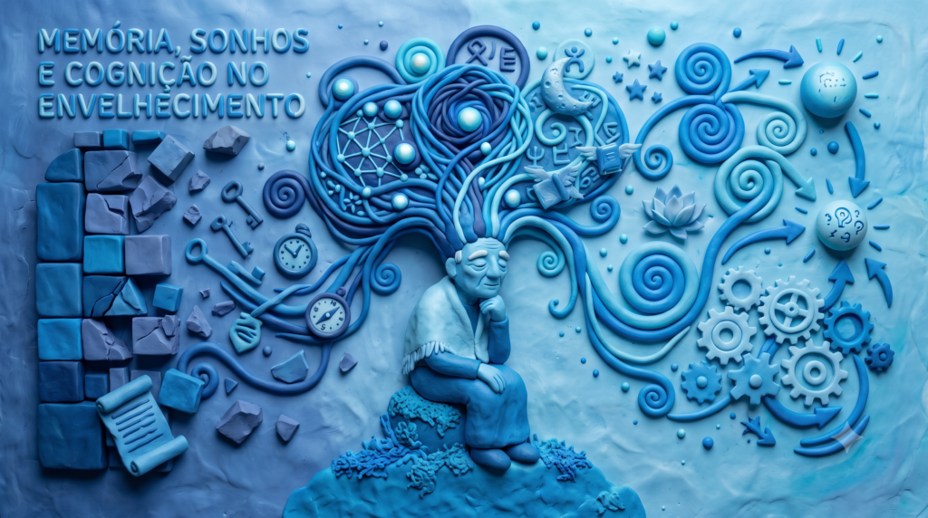 A obra apresenta uma composição em massinha de modelar, em variados tons de azul, interpretando a memória e a cognição no envelhecimento. No centro, uma figura idosa estilizada e contemplativa está sentada, com intrincadas e sinuosas formas de massa azul emanando de sua cabeça como se fossem pensamentos. Estas formas dividem a cena: à esquerda, os pensamentos parecem se decompor e se desfragmentar em pedras e formas mais antigas, simbolizando memórias do passado que podem se esvair ou se consolidar em estruturas estáticas; à direita, os pensamentos flutuam e se espalham de forma mais livre e luminosa, com espirais e formas estelares, representando a cognição viva e a conexão contínua com o presente e o futuro. A textura da massinha e as cores sutis trazem um sentimento de profundidade e organicidade à representação.