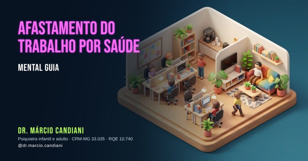 Ilustração 3D em miniatura sobre afastamento do trabalho por saúde mental - Dr. Márcio Candiani, psiquiatra em Belo Horizonte