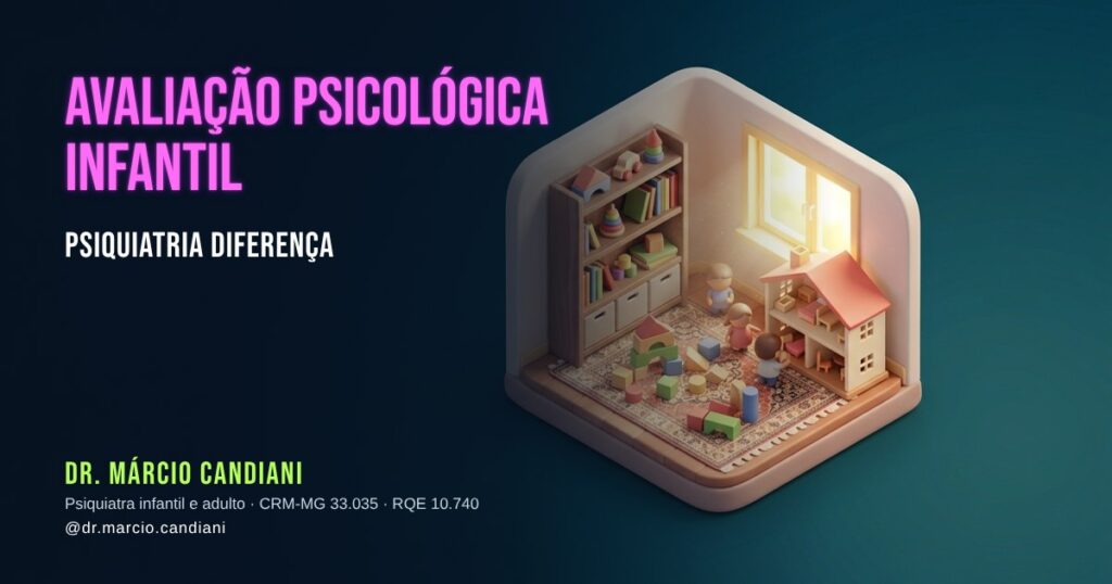 Ilustração 3D em miniatura sobre avaliação psicológica infantil psiquiatria diferença - Dr. Márcio Candiani, psiquiatra em Belo Horizonte