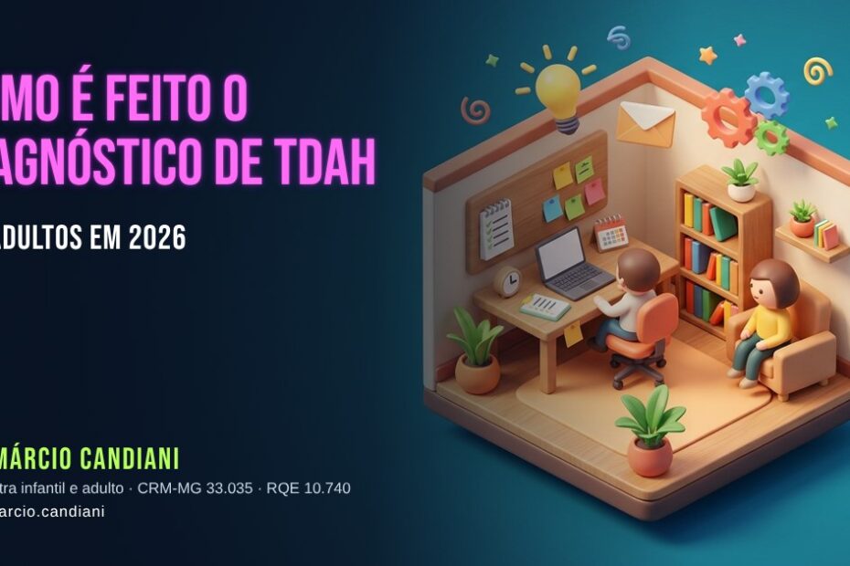 Ilustração 3D em miniatura sobre como é feito o diagnóstico de tdah em adultos em 2026 - Dr. Márcio Candiani, psiquiatra em Belo Horizonte