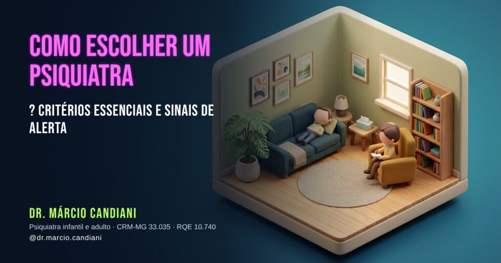 Ilustração 3D em miniatura sobre como escolher um psiquiatra em 2026 ? critérios essenciais e sinais de alerta - Dr. Márcio Candiani, psiquiatra em Belo Horizonte