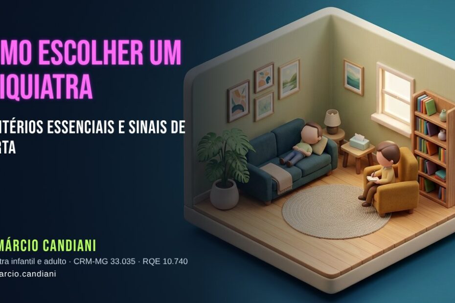 Ilustração 3D em miniatura sobre como escolher um psiquiatra em 2026 ? critérios essenciais e sinais de alerta - Dr. Márcio Candiani, psiquiatra em Belo Horizonte