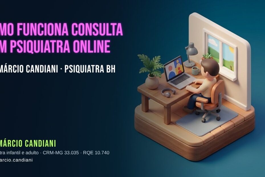 Ilustração 3D em miniatura sobre como funciona consulta com psiquiatra online - Dr. Márcio Candiani, psiquiatra em Belo Horizonte