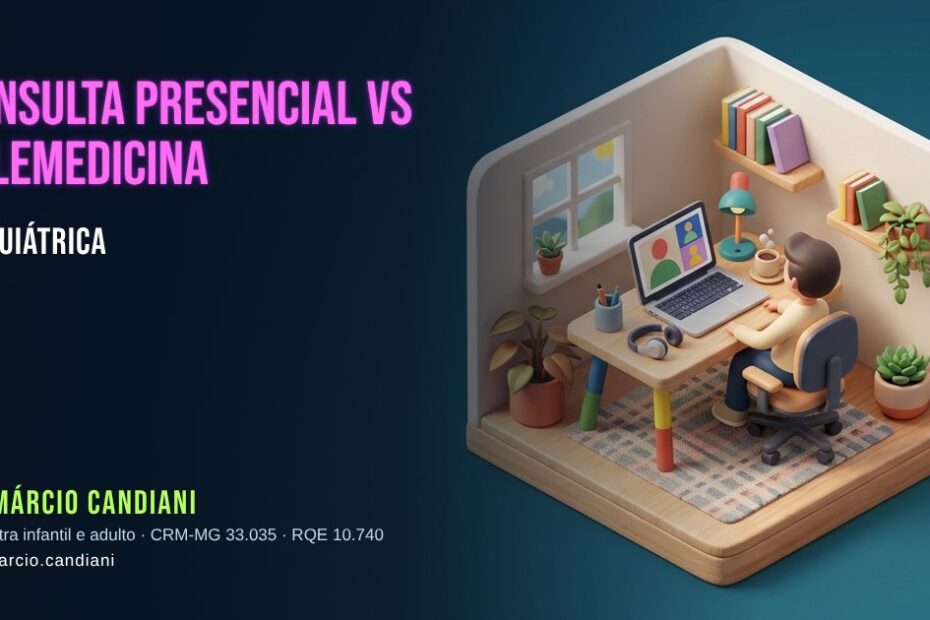 Ilustração 3D em miniatura sobre consulta presencial vs telemedicina psiquiátrica - Dr. Márcio Candiani, psiquiatra em Belo Horizonte