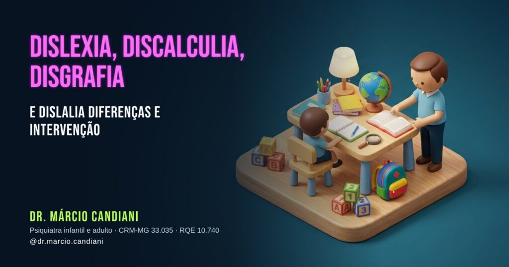 Ilustração 3D em miniatura sobre dislexia, discalculia, disgrafia e dislalia - Dr. Márcio Candiani, psiquiatra em Belo Horizonte