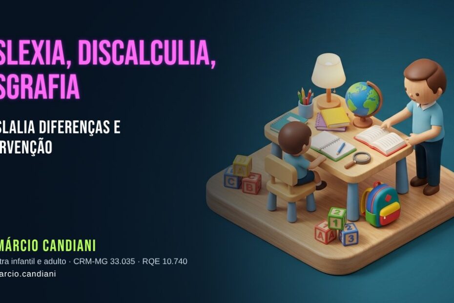 Ilustração 3D em miniatura sobre dislexia, discalculia, disgrafia e dislalia - Dr. Márcio Candiani, psiquiatra em Belo Horizonte
