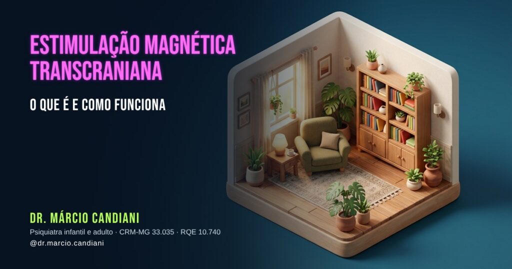Ilustração 3D em miniatura sobre estimulação magnética transcraniana - Dr. Márcio Candiani, psiquiatra em Belo Horizonte