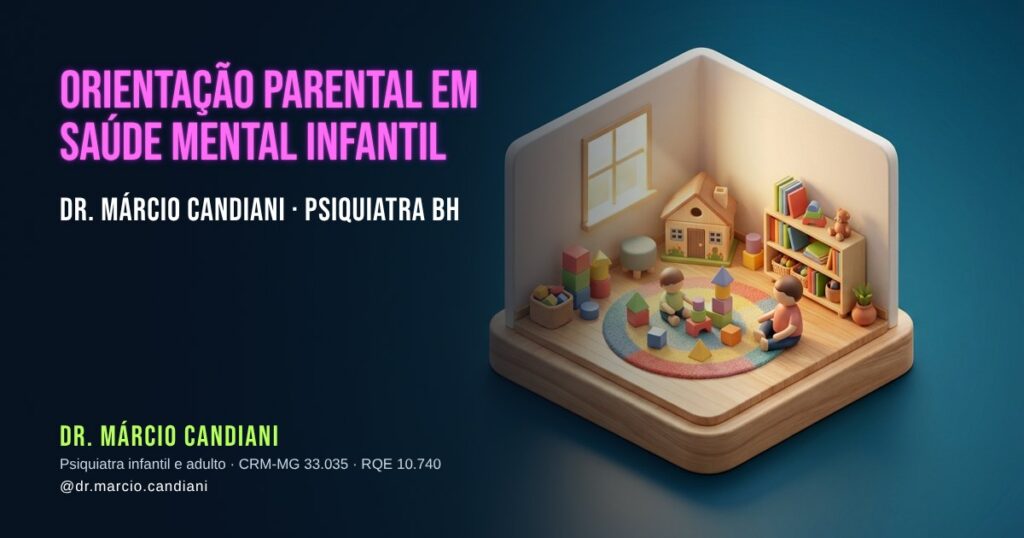 Ilustração 3D em miniatura sobre orientação parental em saúde mental infantil - Dr. Márcio Candiani, psiquiatra em Belo Horizonte