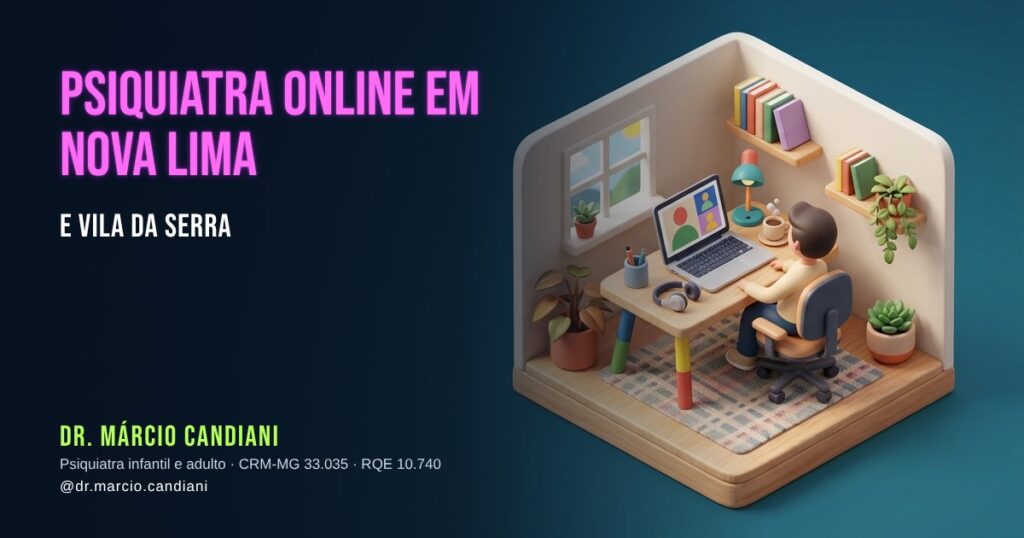 Ilustração 3D em miniatura sobre psiquiatra online em nova lima e vila da serra - Dr. Márcio Candiani, psiquiatra em Belo Horizonte