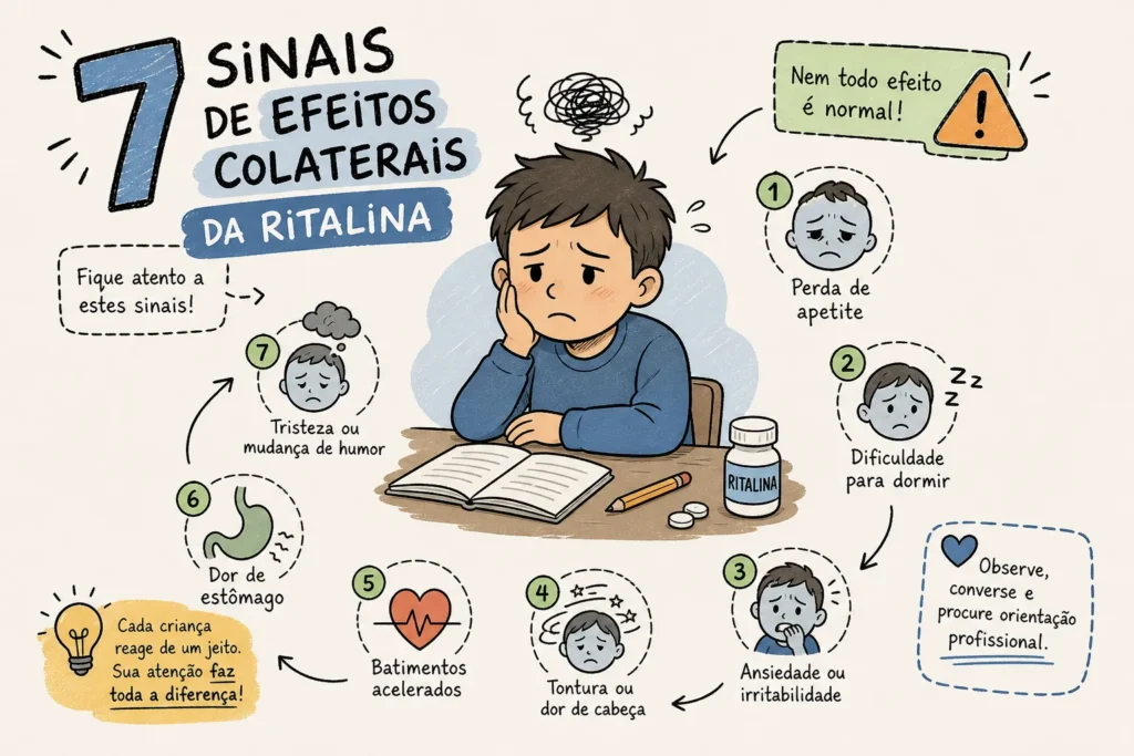 Infográfico com os 7 sinais de efeitos colaterais da Ritalina em crianças: perda de apetite, dificuldade para dormir, ansiedade ou irritabilidade, tontura ou dor de cabeça, batimentos acelerados, dor de estômago e tristeza ou mudança de humor