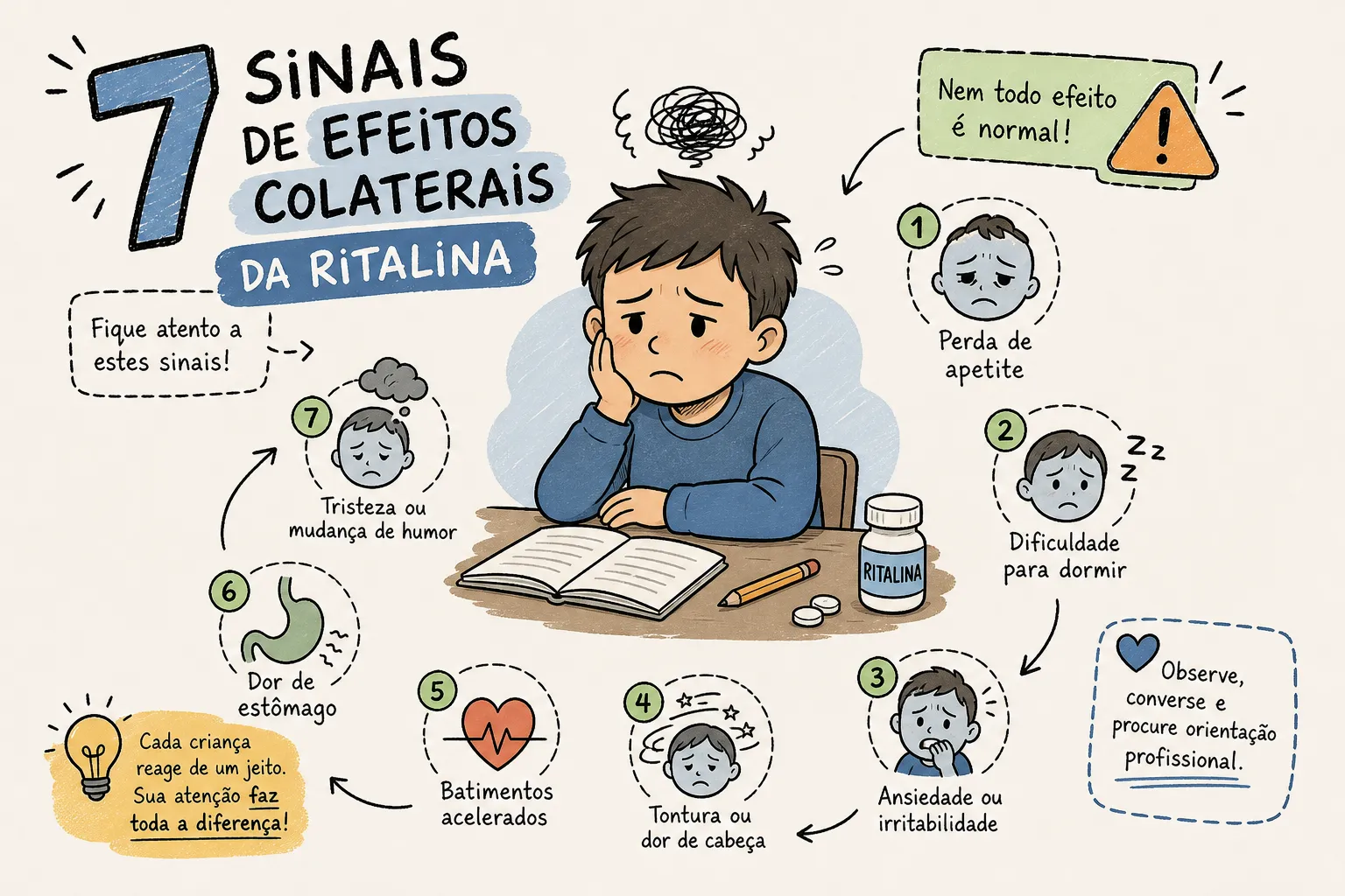 Infográfico com os 7 sinais de efeitos colaterais da Ritalina em crianças: perda de apetite, dificuldade para dormir, ansiedade ou irritabilidade, tontura ou dor de cabeça, batimentos acelerados, dor de estômago e tristeza ou mudança de humor