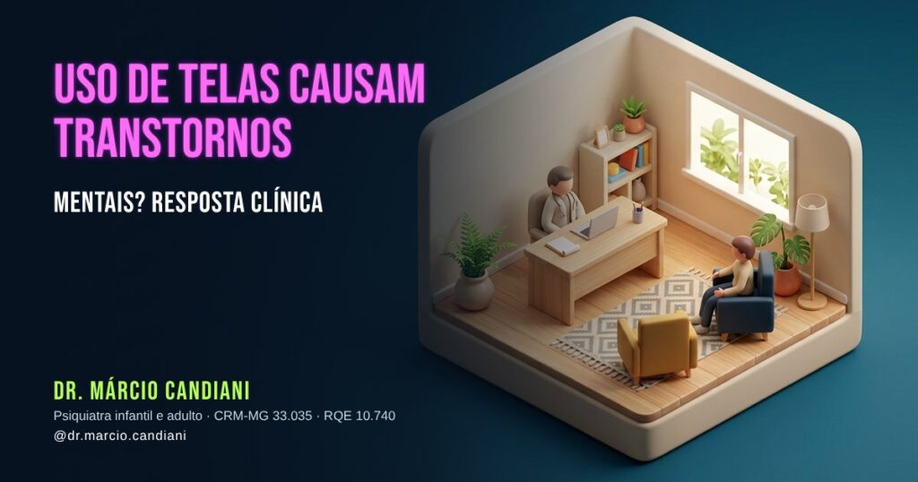 Ilustração 3D em miniatura sobre uso de telas causam transtornos mentais? resposta clínica - Dr. Márcio Candiani, psiquiatra em Belo Horizonte