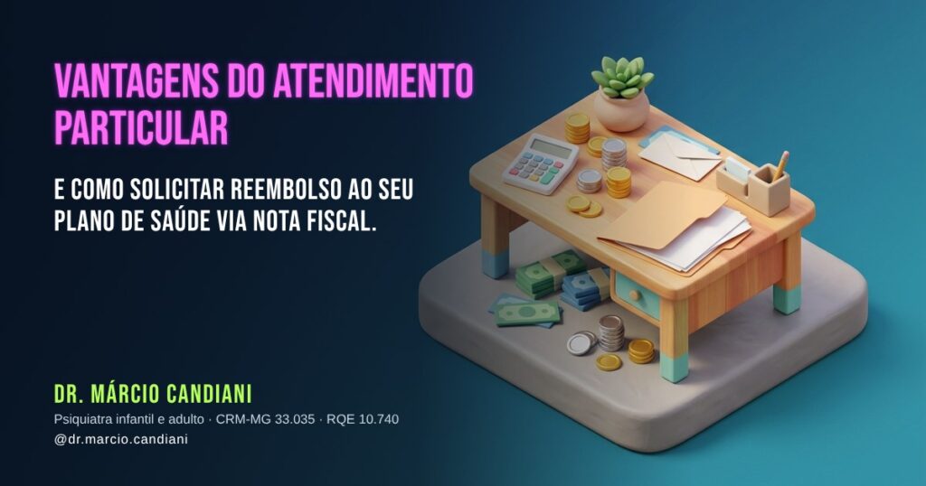 Ilustração 3D em miniatura sobre vantagens do atendimento particular e como solicitar reembolso ao seu plano de saúde via nota fiscal. - Dr. Márcio Candiani, psiquiatra em Belo Horizonte